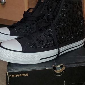 Black rhinestone Converse high top sneakers- size 8 women's